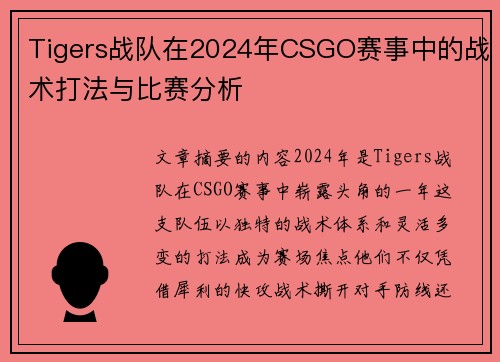Tigers战队在2024年CSGO赛事中的战术打法与比赛分析